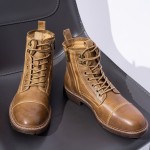 Men's Solid Cap Toe High Top Boots With Top Leather Uppers, Wear-resistant Lace-up Boots With Side Zipper Decor For Men's Outdoor Activities