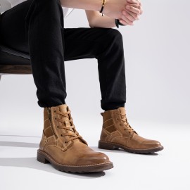 Men's Solid Cap Toe High Top Boots With Top Leather Uppers, Wear-resistant Lace-up Boots With Side Zipper Decor For Men's Outdoor Activities