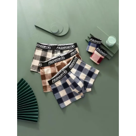 3pcs Men's Casual Plaid Boxer Briefs Shorts, Sexy Breathable Comfy Stretchy Boxer Trunks, Men's Underwear