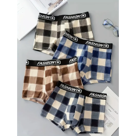 3pcs Men's Casual Plaid Boxer Briefs Shorts, Sexy Breathable Comfy Stretchy Boxer Trunks, Men's Underwear