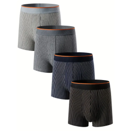 4pcs Men's Boxers Briefs, Casual Plain Color Striped Long Boxers Panties, Breathable Comfy Underpants For Youth Teen, Men's Underwear (Smaller Size)