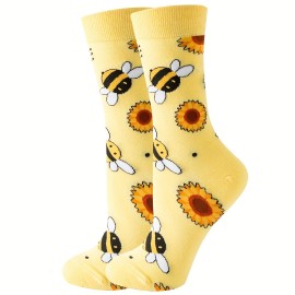 Music Festival Cartoon Bee Print Socks, Comfy & Cute Mid Tube Socks, Women's Stockings & Hosiery