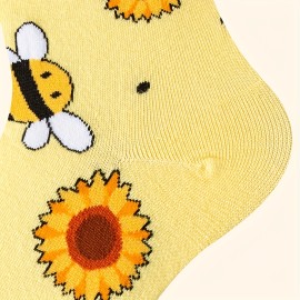 Music Festival Cartoon Bee Print Socks, Comfy & Cute Mid Tube Socks, Women's Stockings & Hosiery