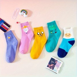 5 Pairs Cartoon Print Socks, Funny & Breathable Mid Tube Socks, Women's Stockings & Hosiery