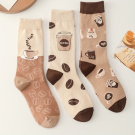 5 Pairs Coffee Print Socks, Comfy & Breathable Mid Tube Socks, Women's Stockings & Hosiery