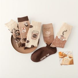 5 Pairs Coffee Print Socks, Comfy & Breathable Mid Tube Socks, Women's Stockings & Hosiery