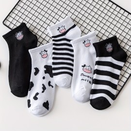 5 pairs Cute Cow Print Ankle Socks for Women - Comfortable and Breathable Hosiery