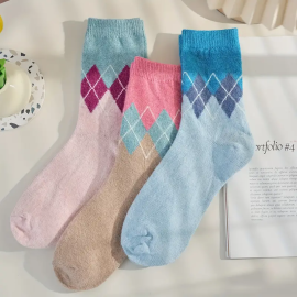 3 Pairs Colorblock Argyle Socks, Comfy & Breathable Mid Tube Socks, Women's Stockings & Hosiery