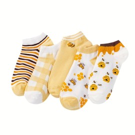 5 pairs Cute and Comfy Bee and Checkered Print Low Cut Ankle Socks for Women