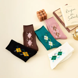 5 Pairs Argyle Pattern Socks, Retro & Warm Mid Tube Socks, Women's Stockings & Hosiery