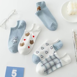5 Pairs Cute Bear & Heart Print Socks, Breathable & Comfy Low Cut Ankle Socks, Women's Stockings & Hosiery
