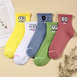 5 Pairs Cartoon Eyes Print Socks, Comfy & Cute Mid Tube Socks, Women's Stockings & Hosiery