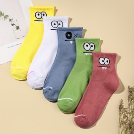 5 Pairs Cartoon Eyes Print Socks, Comfy & Cute Mid Tube Socks, Women's Stockings & Hosiery