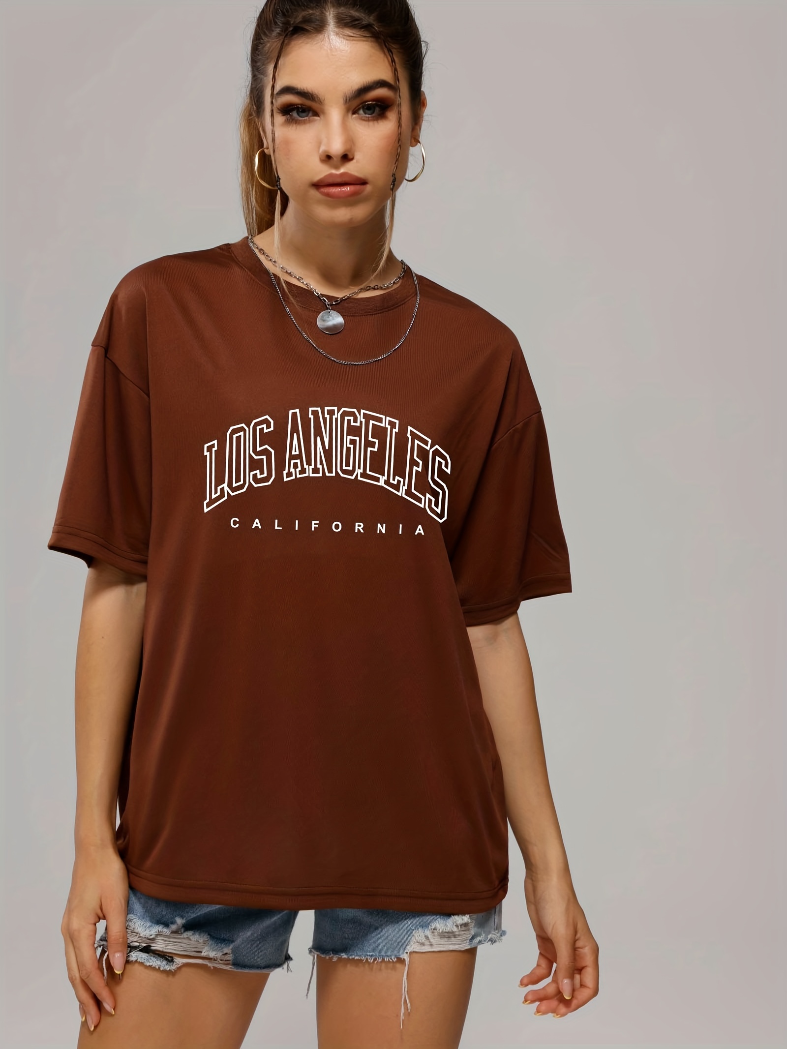 solid color letter print casual sports t shirt soft crew neck short sleeve tee womens clothing details 1