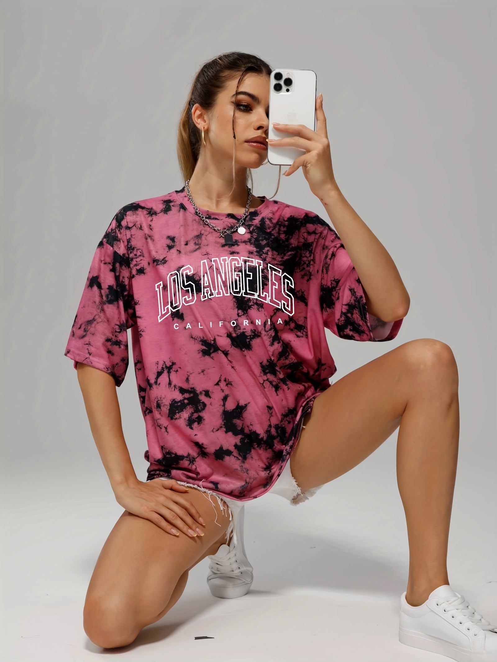 tie dye letter graphic tee casual loose crew neck t shirts womens clothing details 2