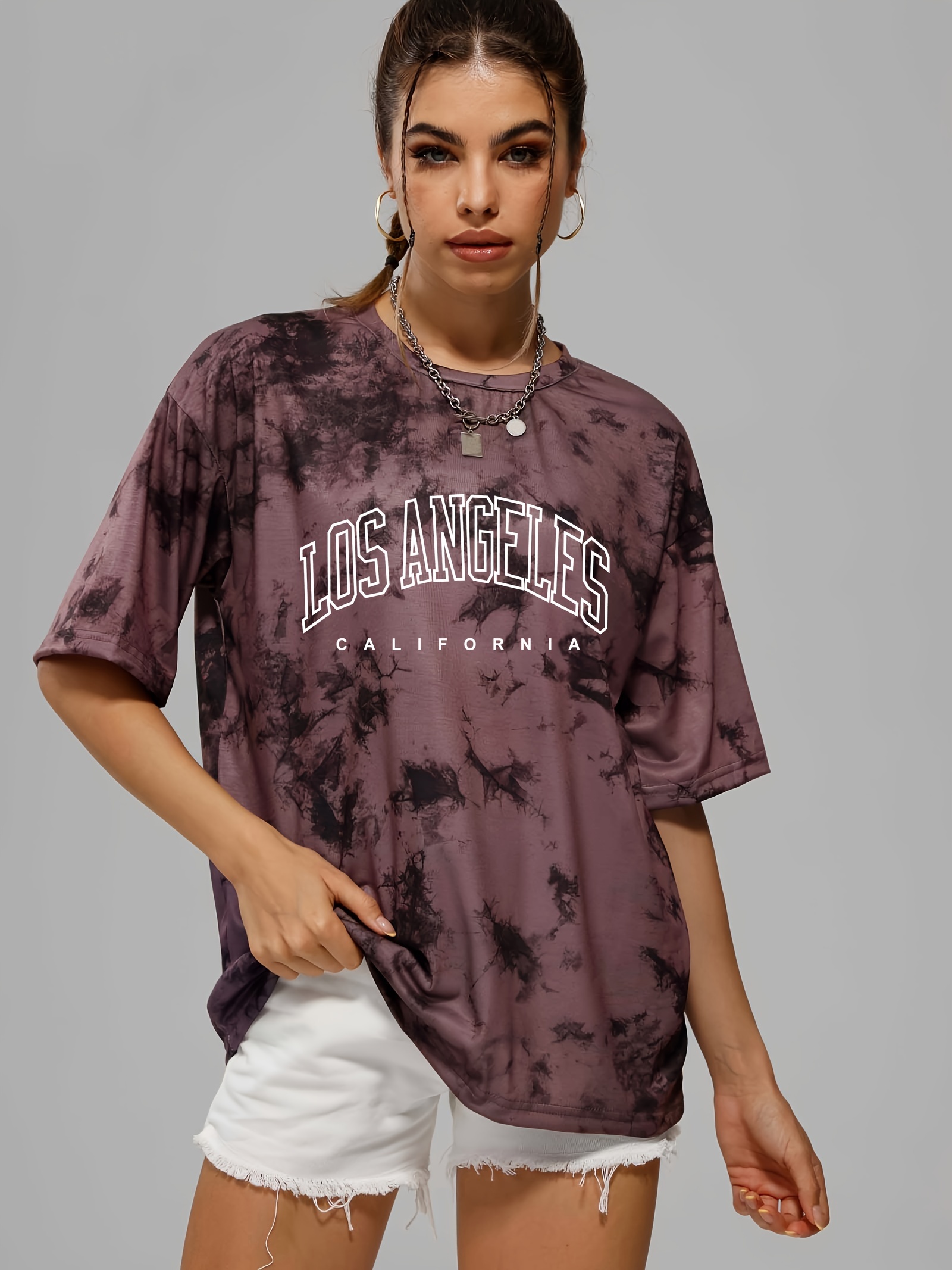 tie dye letter graphic tee casual loose crew neck t shirts womens clothing details 4