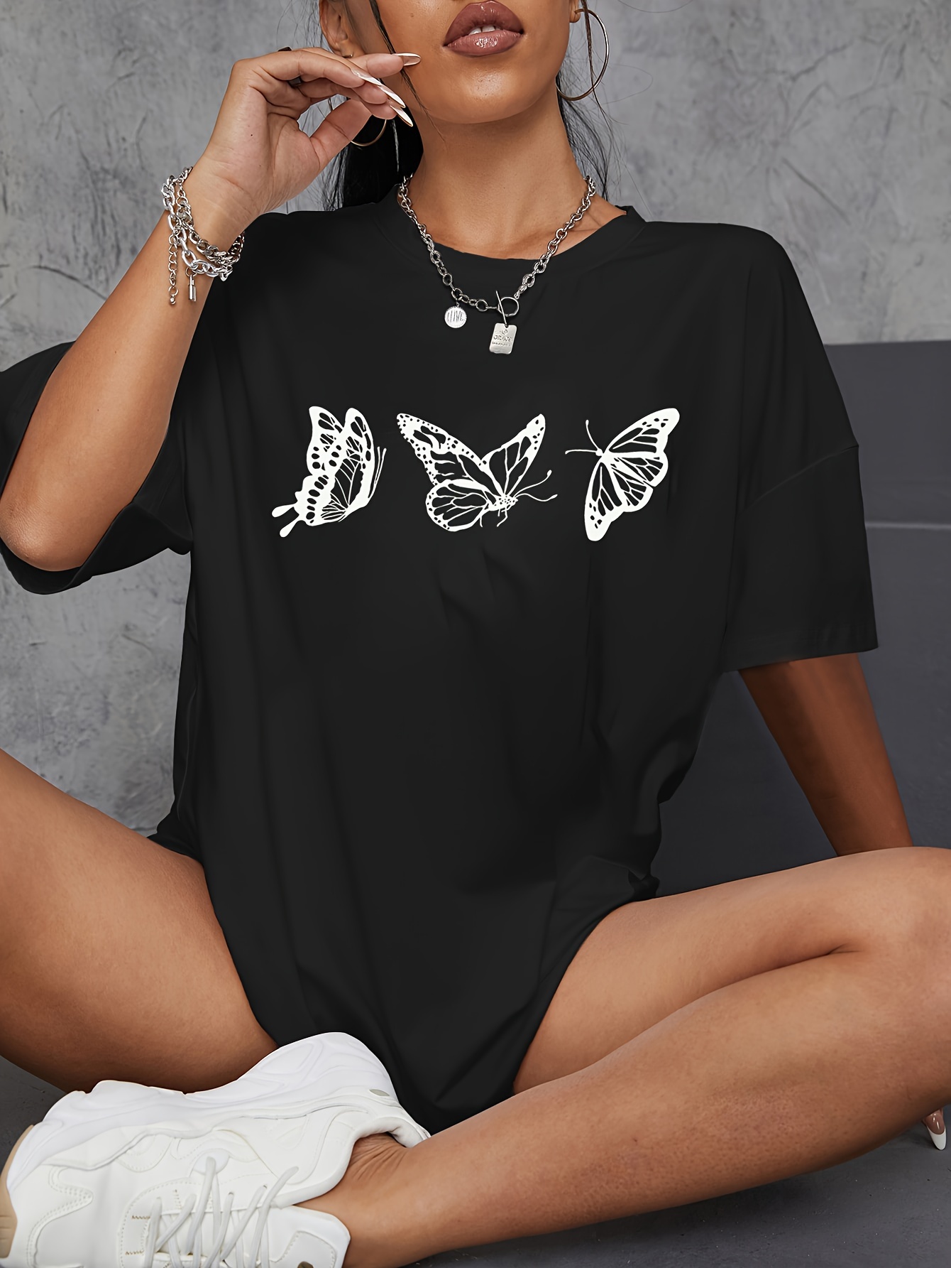 plain butterfly print casual t shirt short sleeves round neck slight stretch sports tee womens clothing details 15