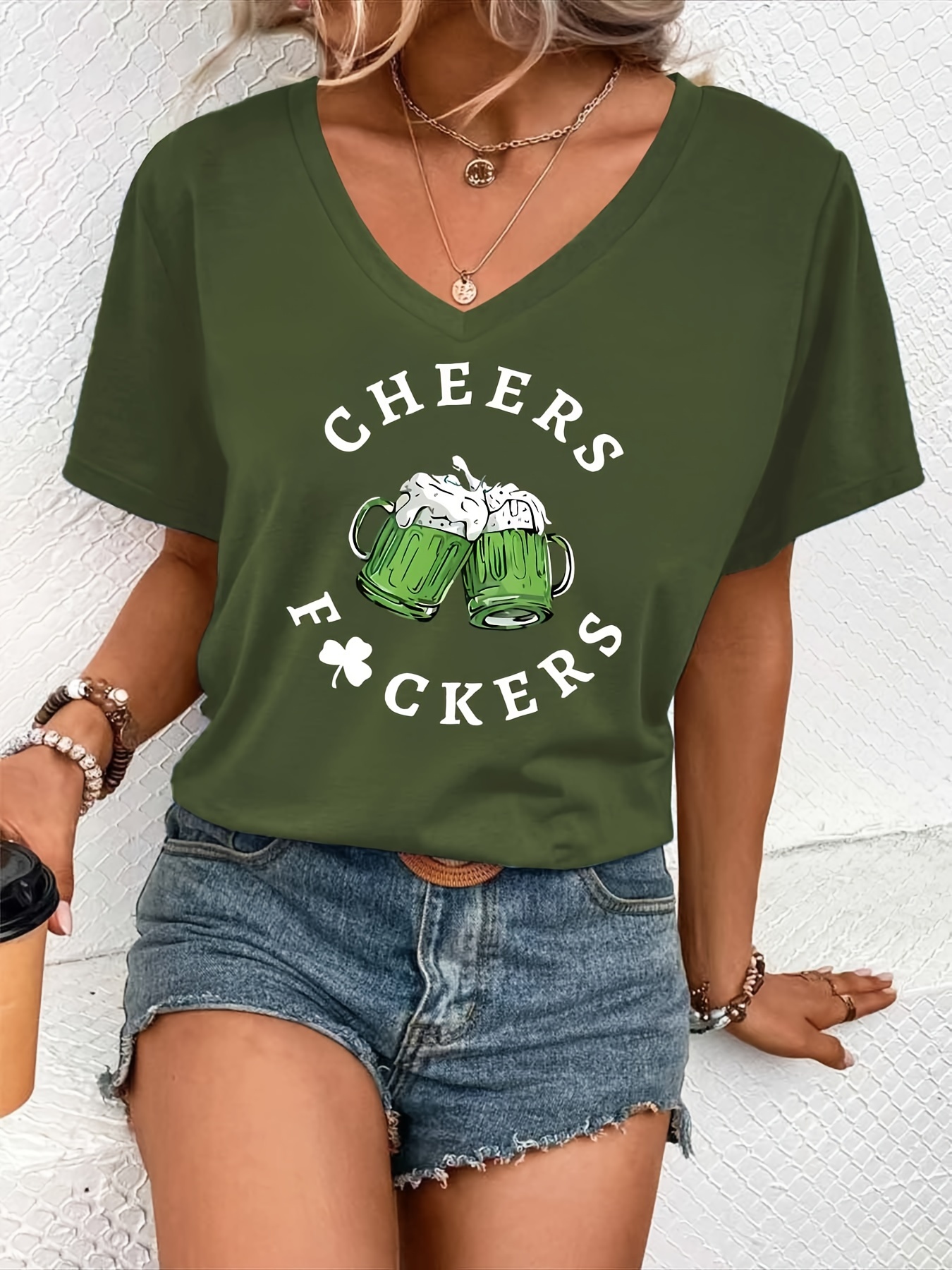 drink letter print casual t shirt v neck short sleeves stretchy sports tee st patricks day womens comfy tops details 3