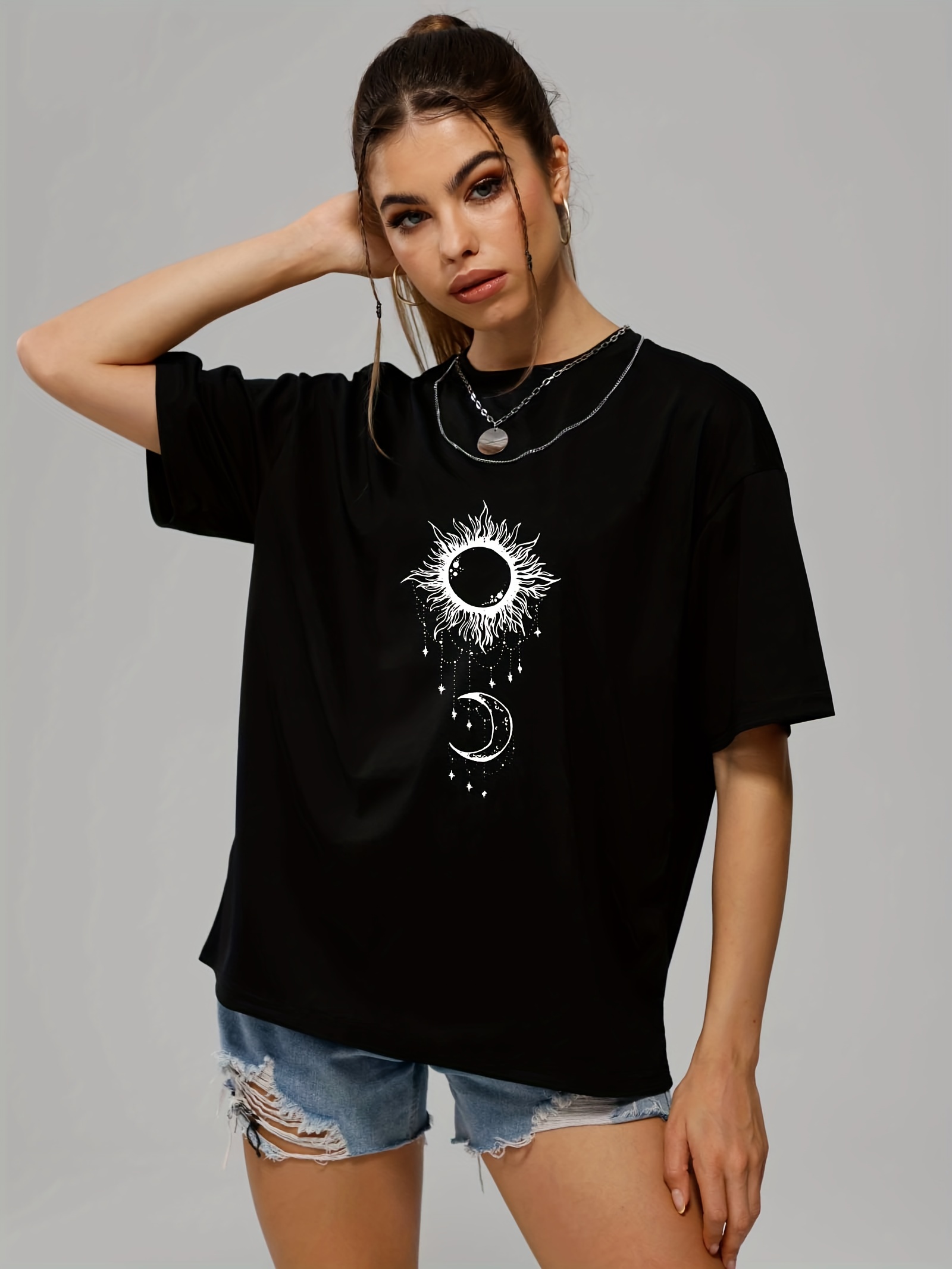 casual short sleeve slight stretch t shirts sun moon print o neck fashion sports graphic tee womens summer tops details 2