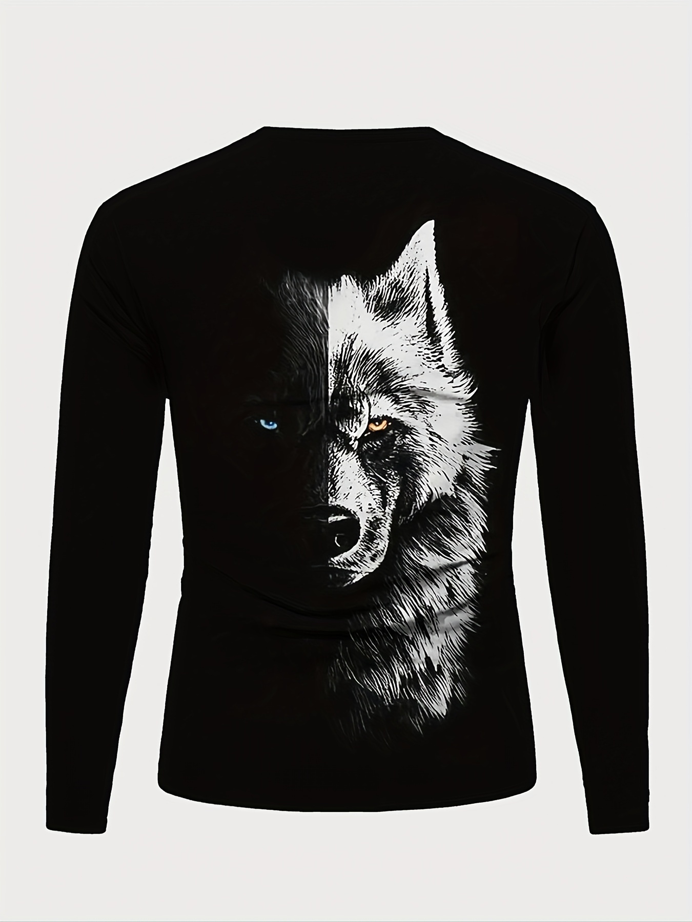 splicing wolf face mens fashion graphic long sleeve t shirt spring fall details 0