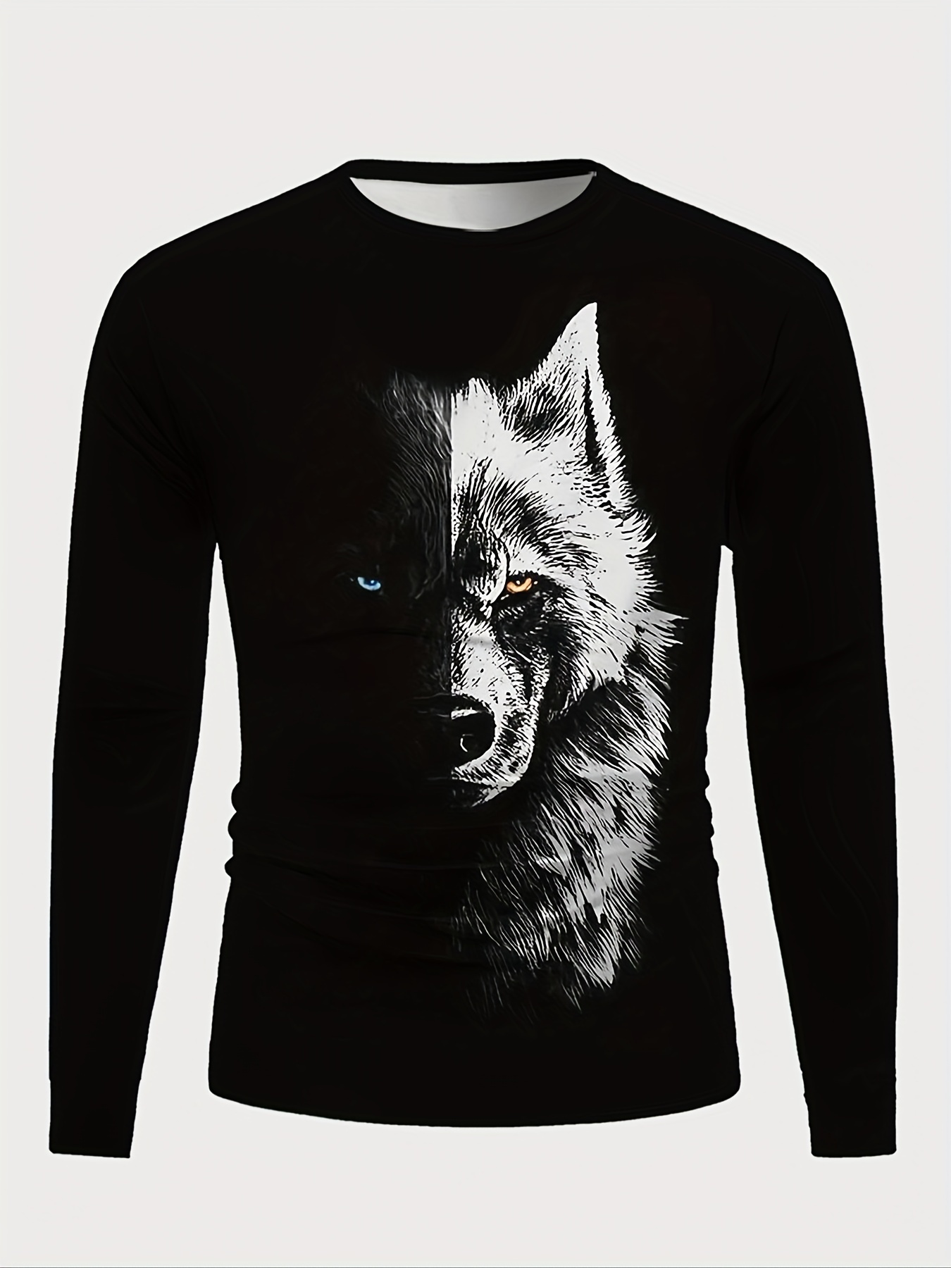 splicing wolf face mens fashion graphic long sleeve t shirt spring fall details 2