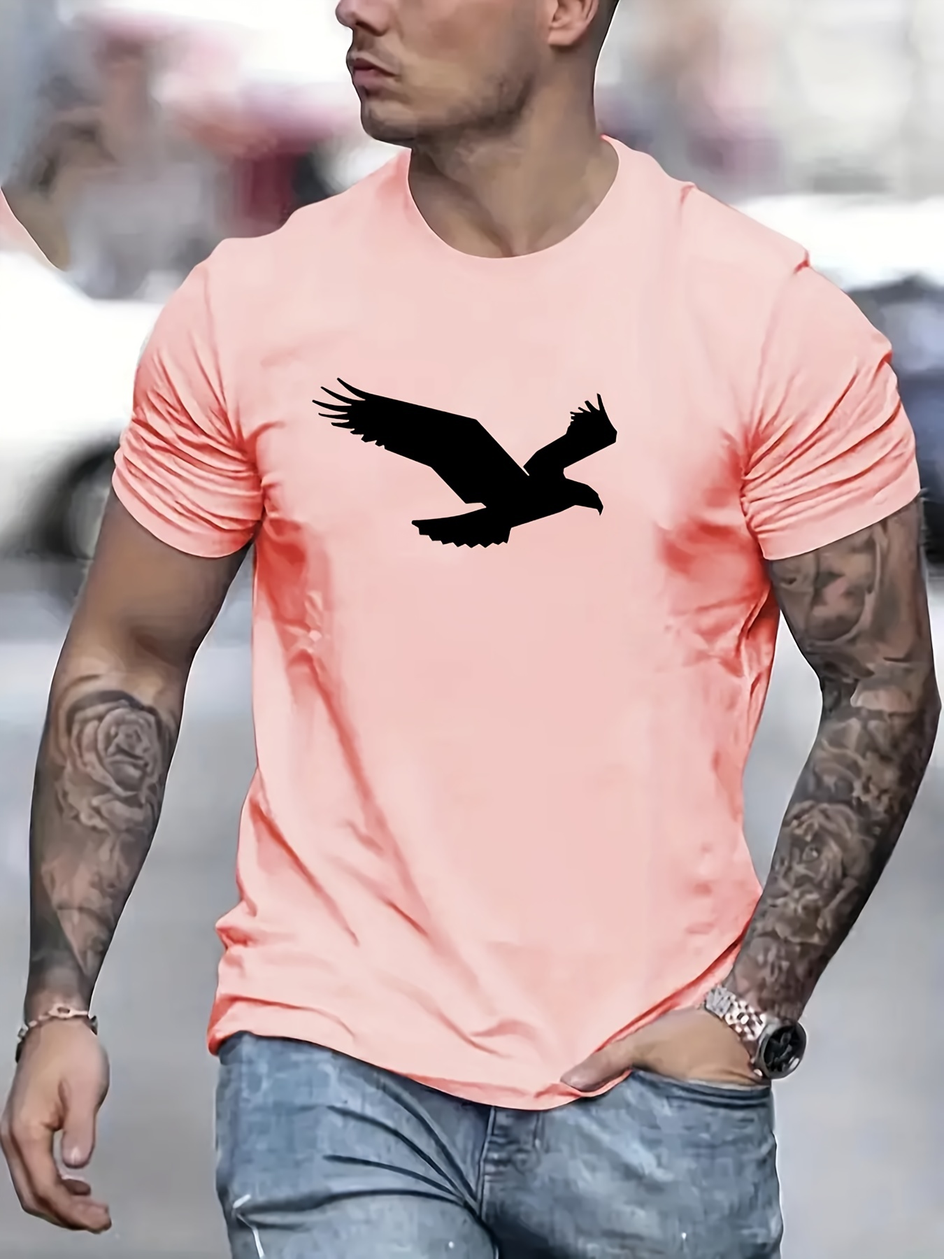 eagle pattern t shirt mens casual street style slightly stretch round neck tee shirt for summer fall details 30