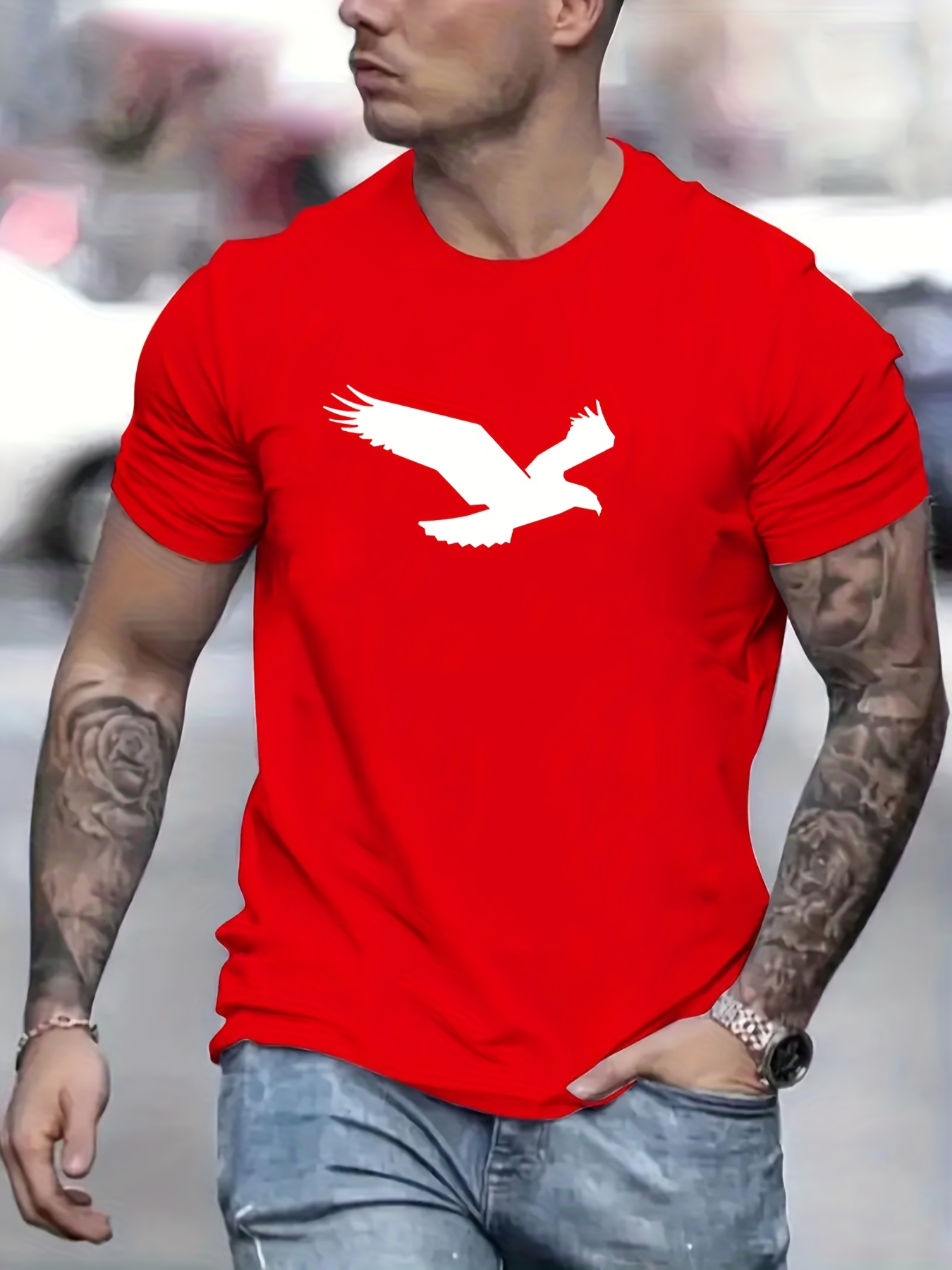 eagle pattern t shirt mens casual street style slightly stretch round neck tee shirt for summer fall details 50