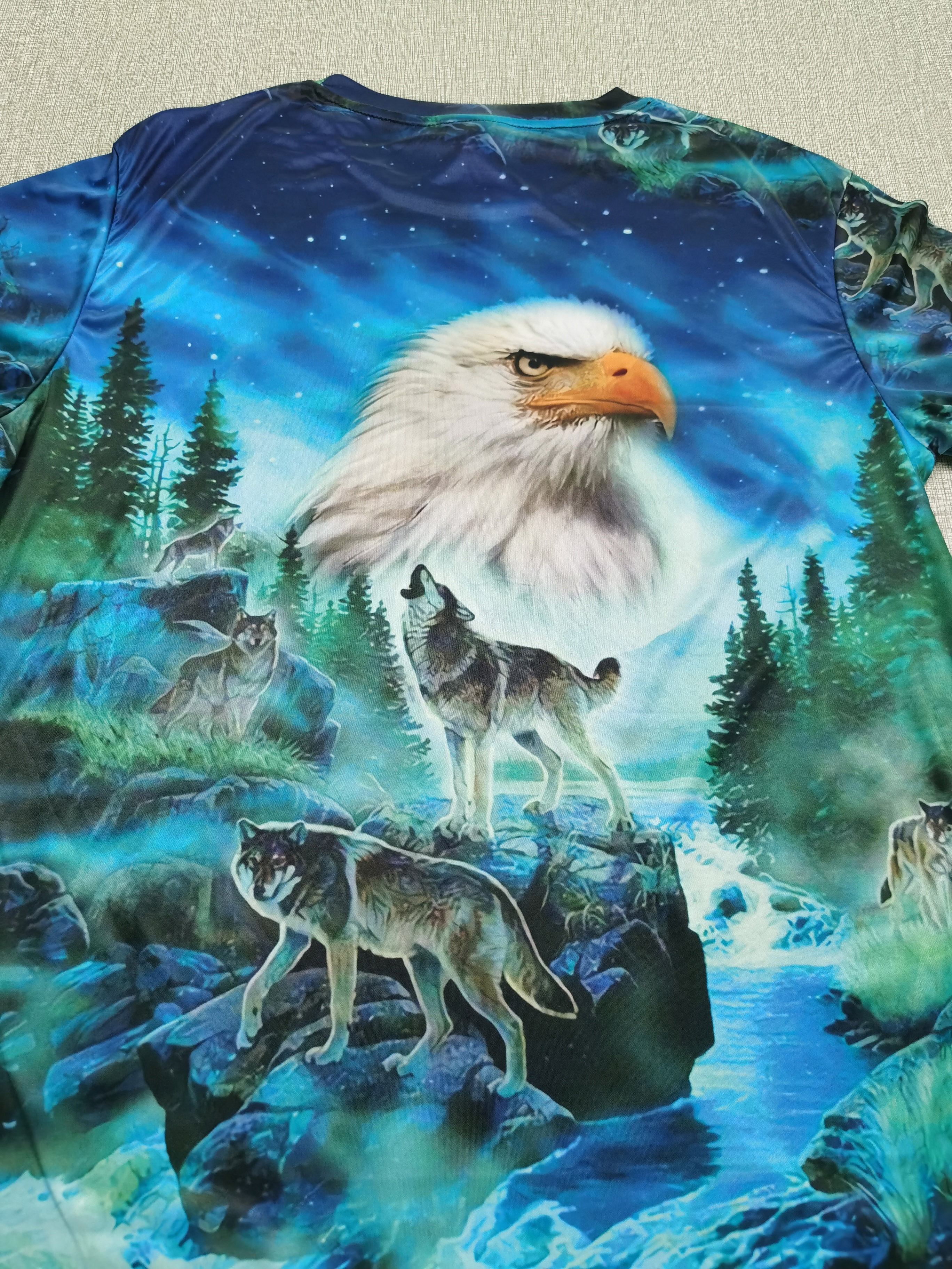 mens novelty wolf bird 3d print round neck t shirt mens clothing details 12