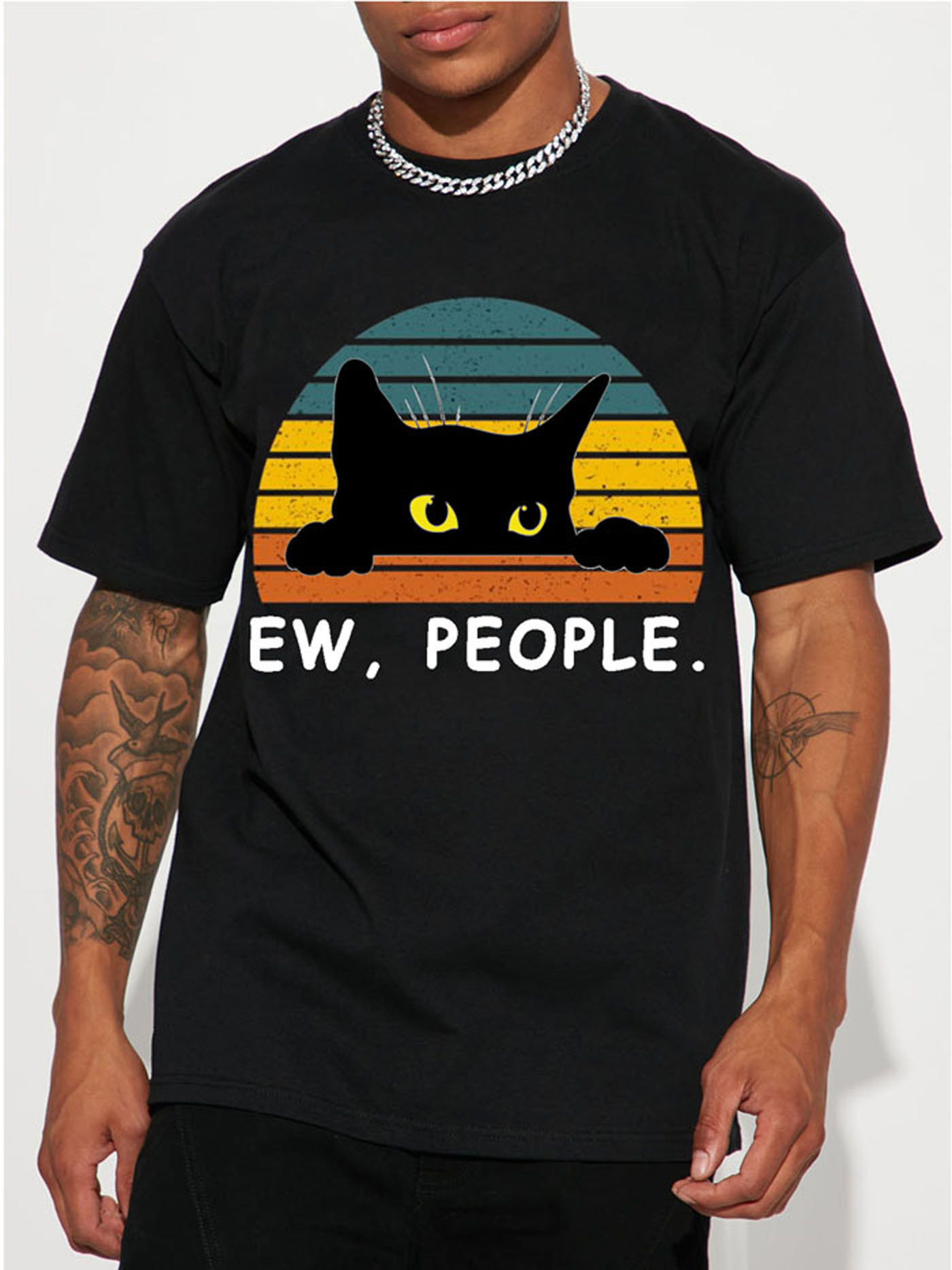 mens casual trendy black cat print t shirt short sleeve crew neck hip hop style tees for summer holiday gift details 0
