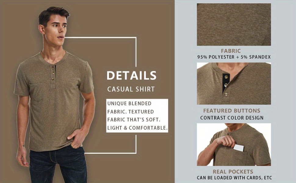 solid color mens basic henley tee with chest pocket casual slim short sleeve henley t shirt with button details 3