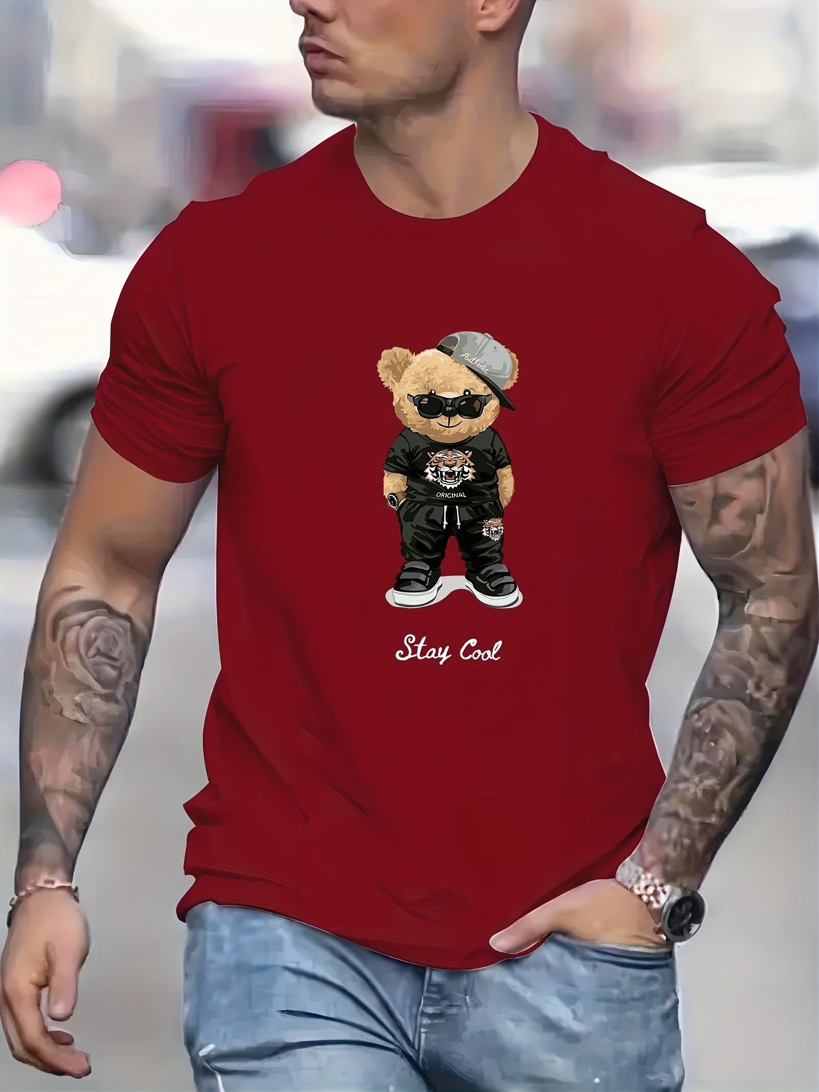 cool bear print mens graphic t shirt casual comfy tees for summer mens clothing details 0