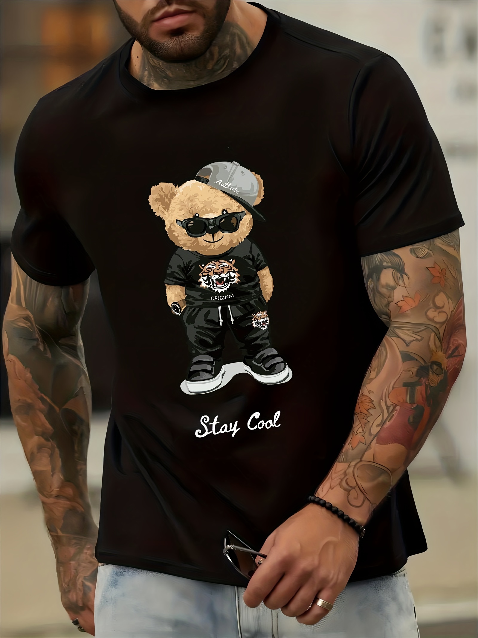 cool bear print mens graphic t shirt casual comfy tees for summer mens clothing details 26