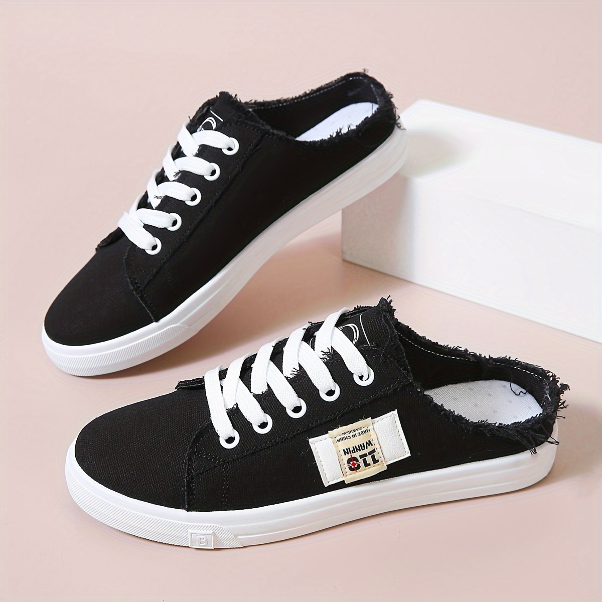 womens canvas backless mule sneakers casual lace up low top slip on shoes fashion student walking skate shoes details 1