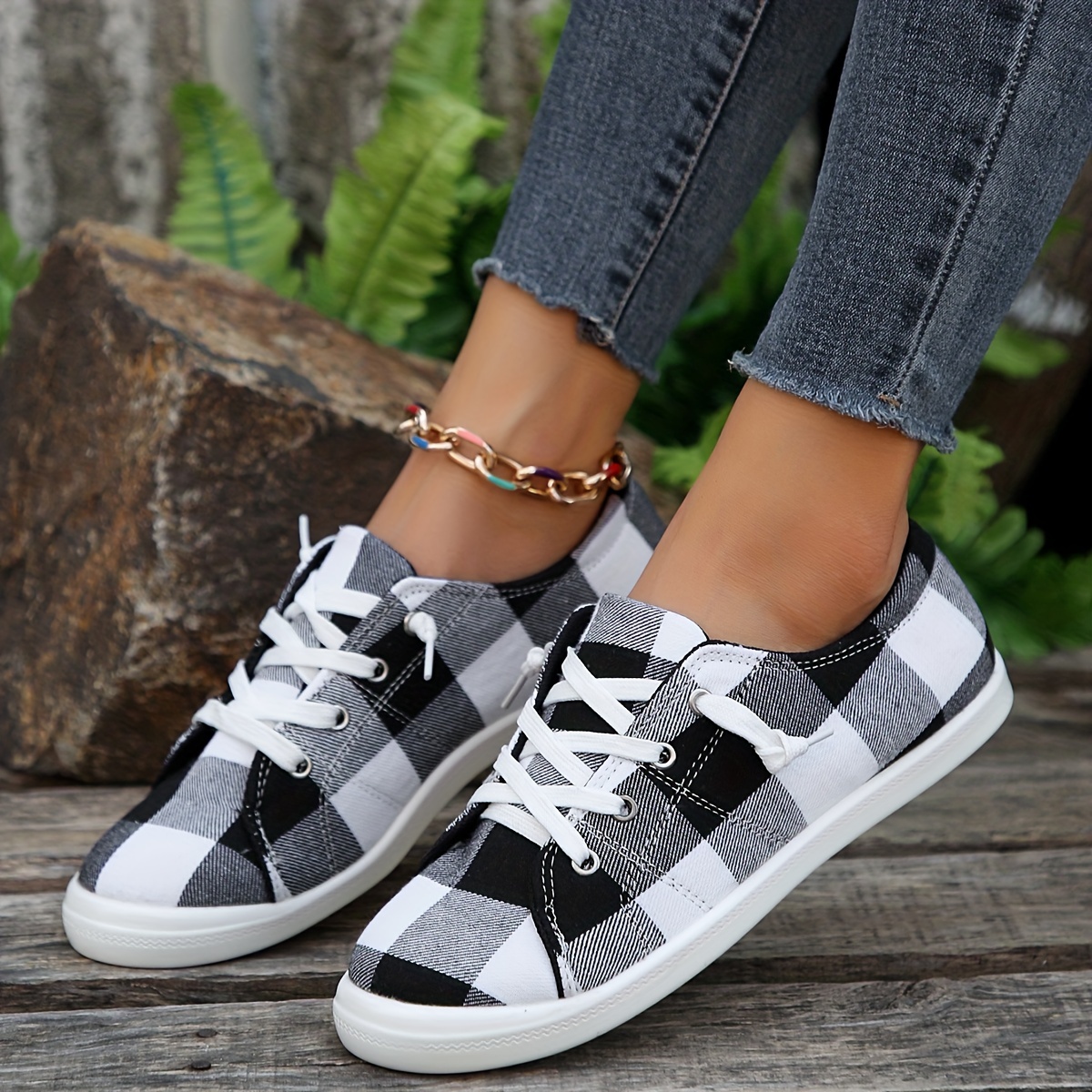 womens plaid canvas shoes lightweight low top flat sneakers casual slip on shoes details 1