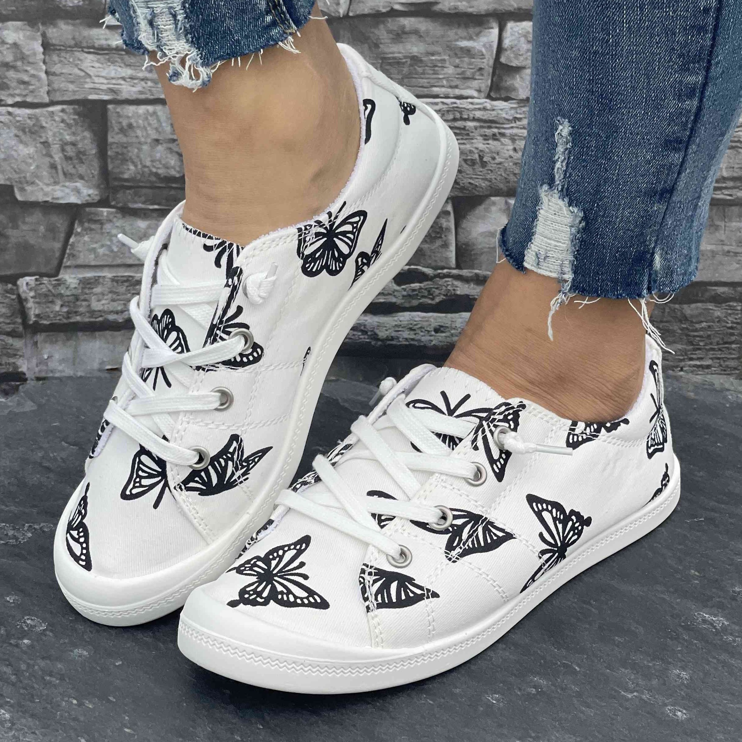 Women s Canvas Sneakers, Fashion Casual Low-Top Shoes, Butterfly Print Comfortable Flat Sports Footwear details 0