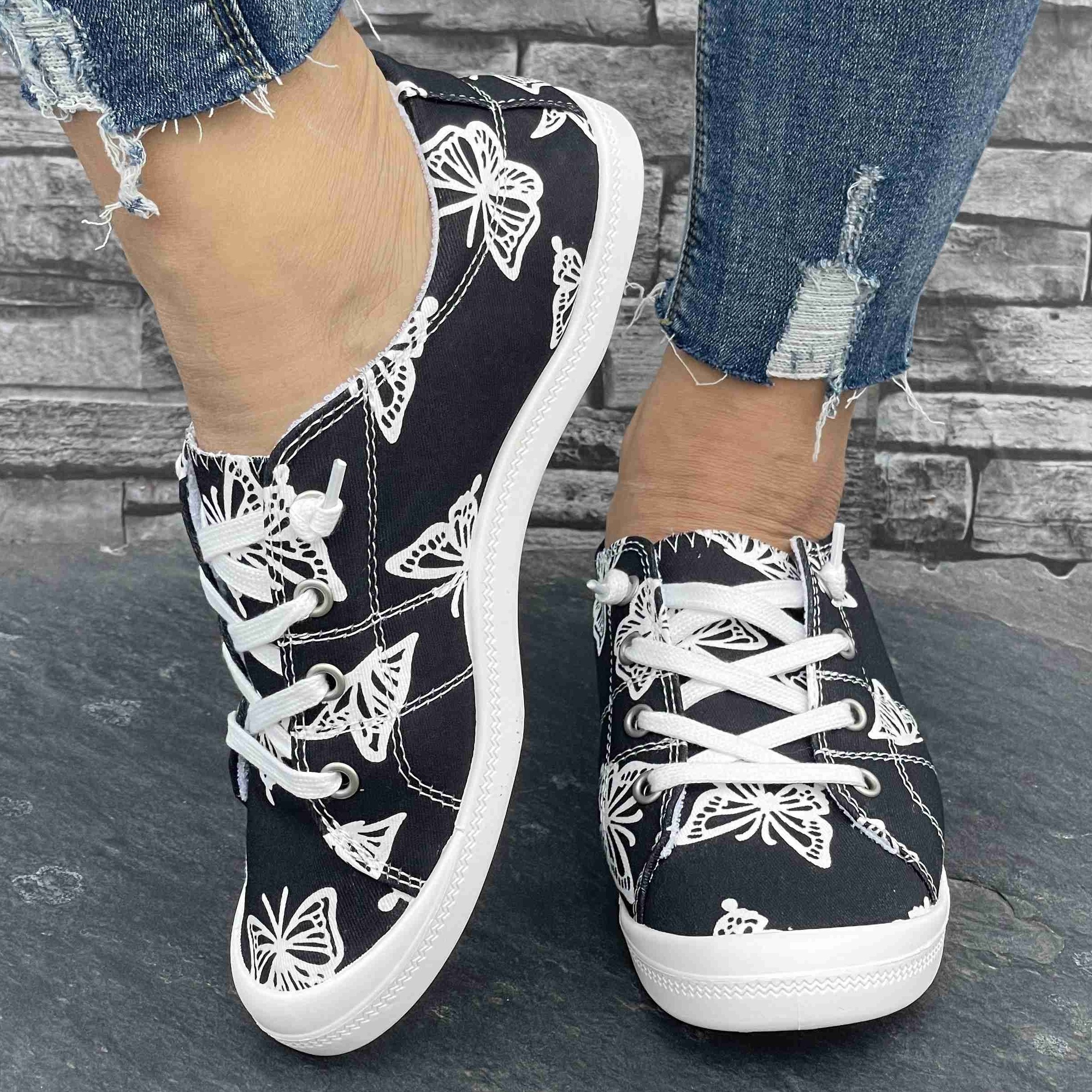 Women s Canvas Sneakers, Fashion Casual Low-Top Shoes, Butterfly Print Comfortable Flat Sports Footwear details 5