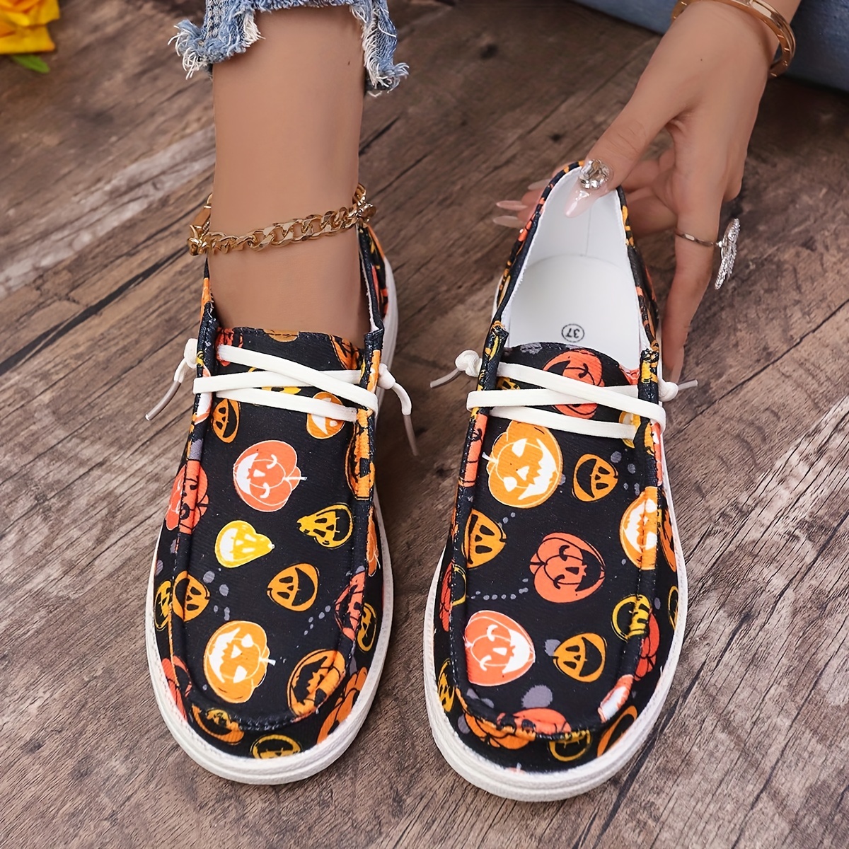 womens pumpkin printed canvas shoes casual halloween slip on flats lightweight low top sneakers details 1