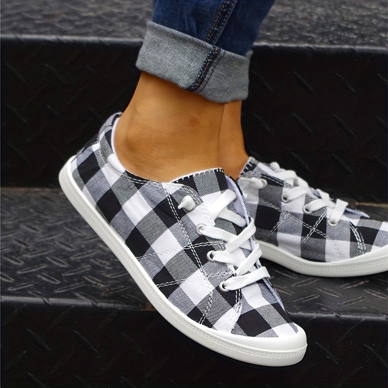 womens plaid pattern canvas shoes casual lace up flat sneakers lightweight low top shoes details 3