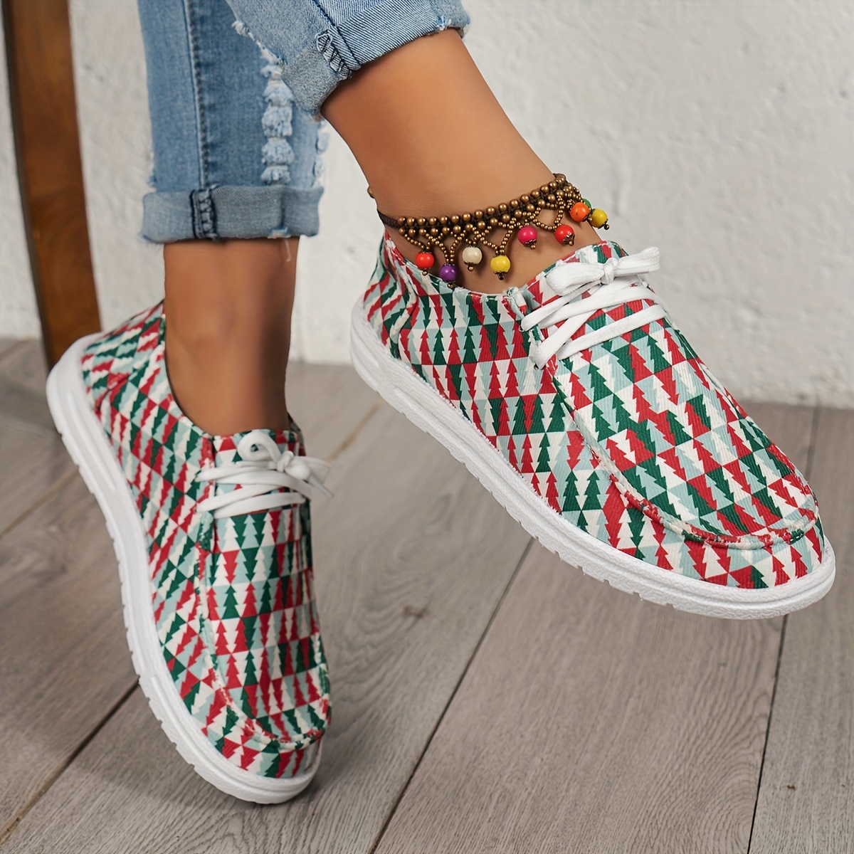 womens christmas style flat shoes plaid christmas tree pattern low top shoes casual all match sneakers details 1