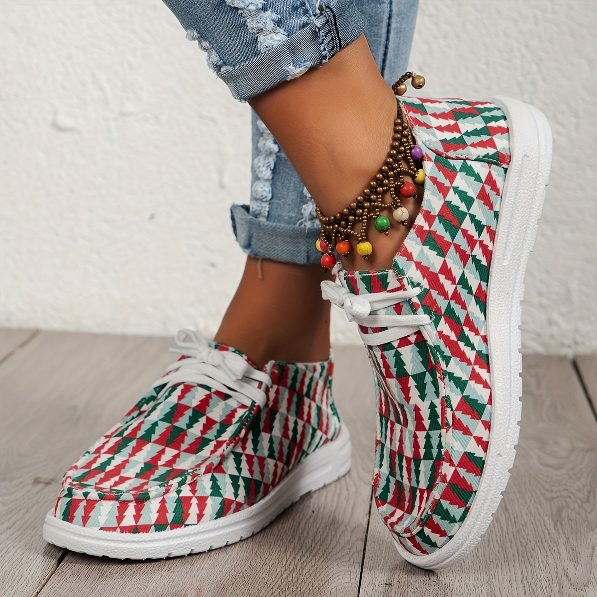 womens christmas style flat shoes plaid christmas tree pattern low top shoes casual all match sneakers details 3