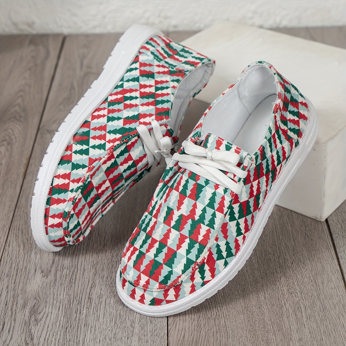 womens christmas style flat shoes plaid christmas tree pattern low top shoes casual all match sneakers details 5