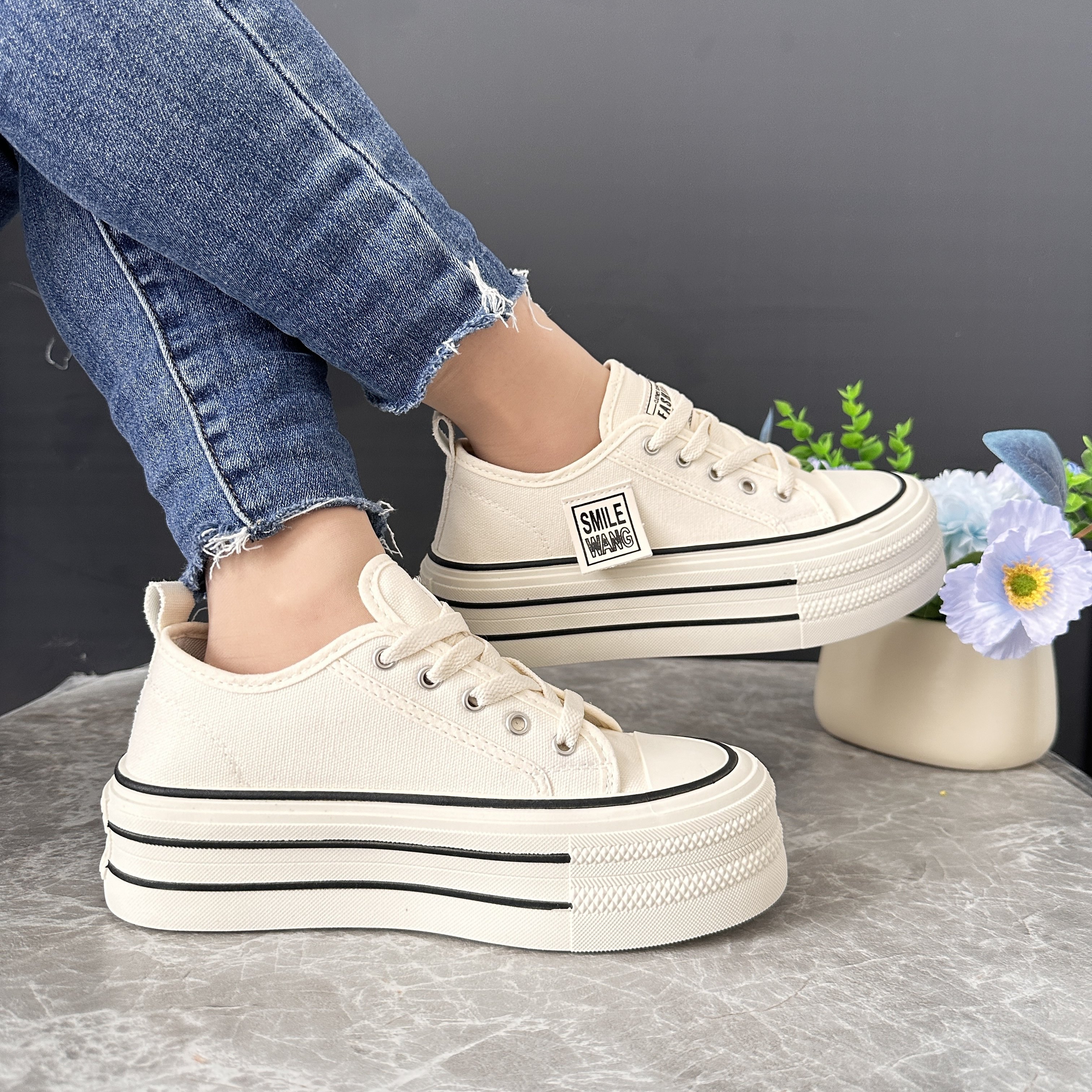 Women s Simple Platform Canvas Shoes, Casual Lace Up Outdoor Shoes, Comfortable Low Top Shoes details 2