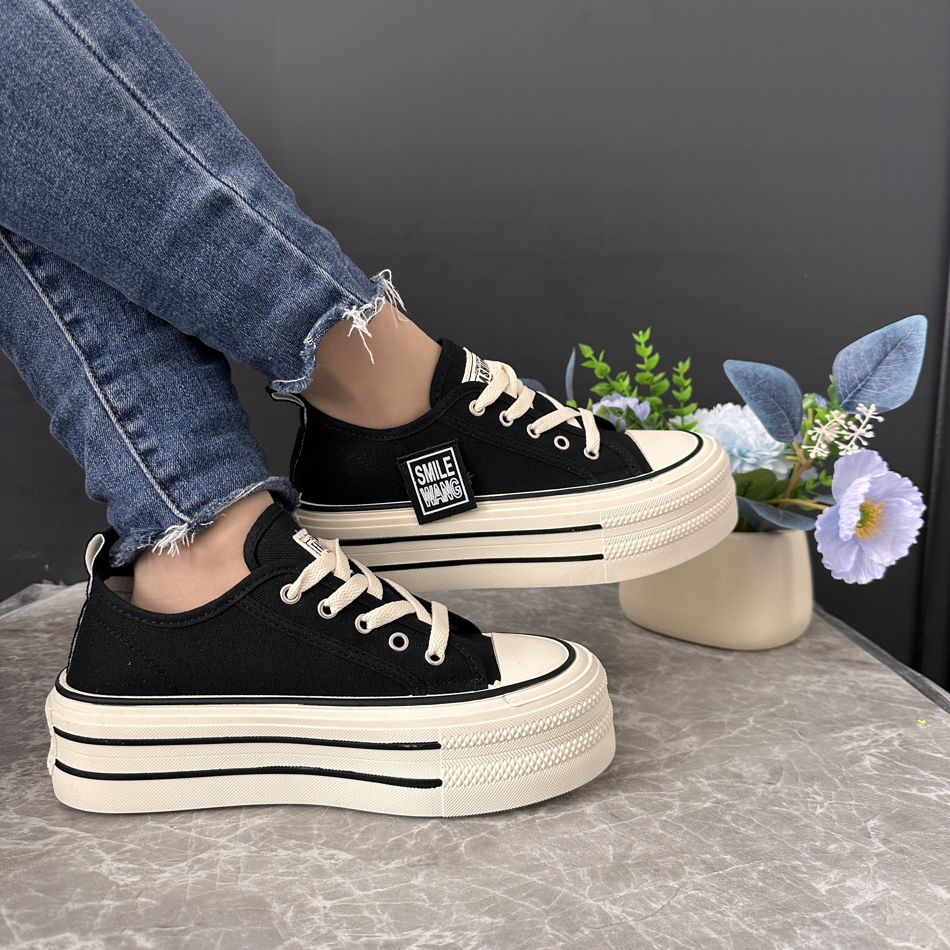 Women s Simple Platform Canvas Shoes, Casual Lace Up Outdoor Shoes, Comfortable Low Top Shoes details 9