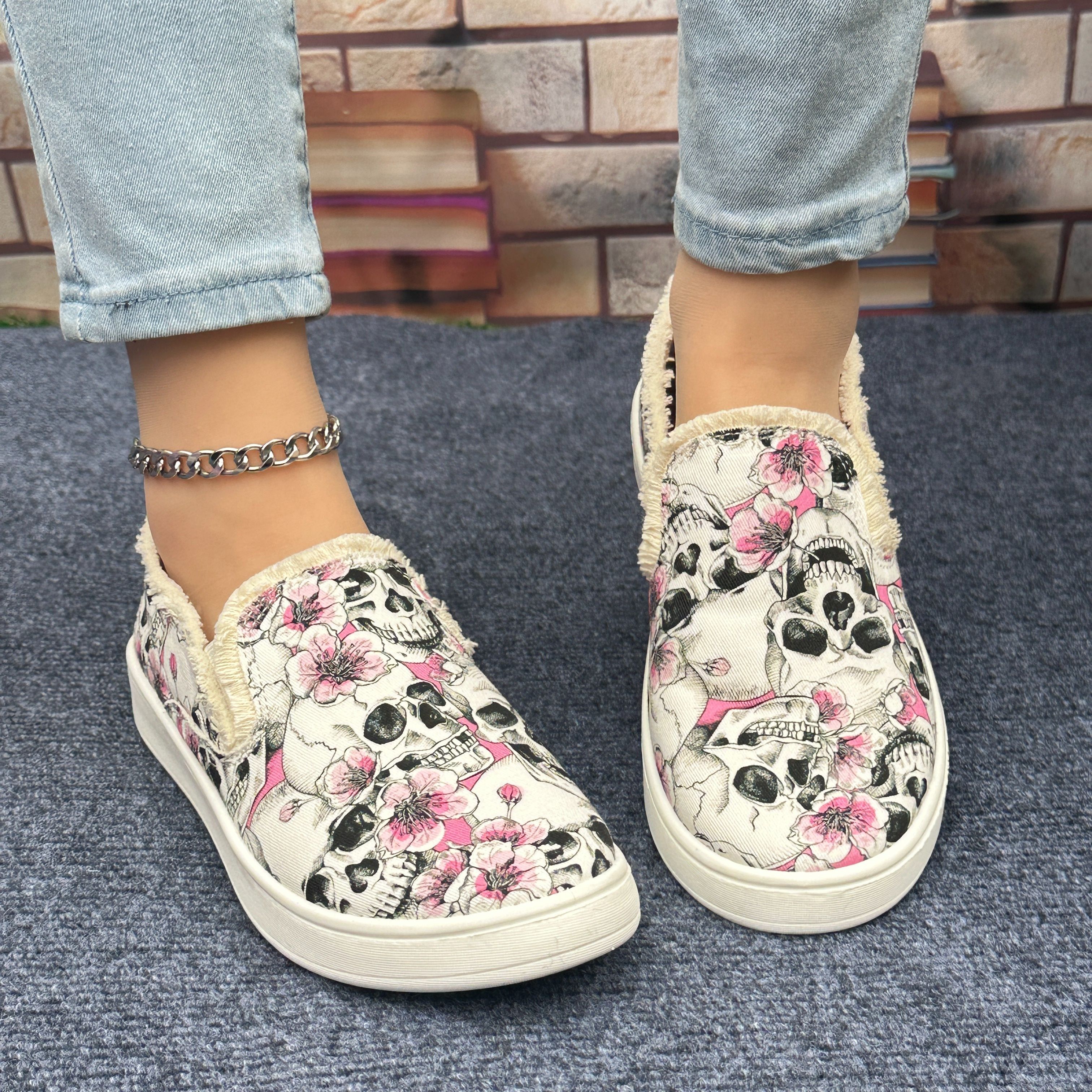 womens flower skull print canvas shoes casual slip on outdoor shoes lightweight low top shoes details 1