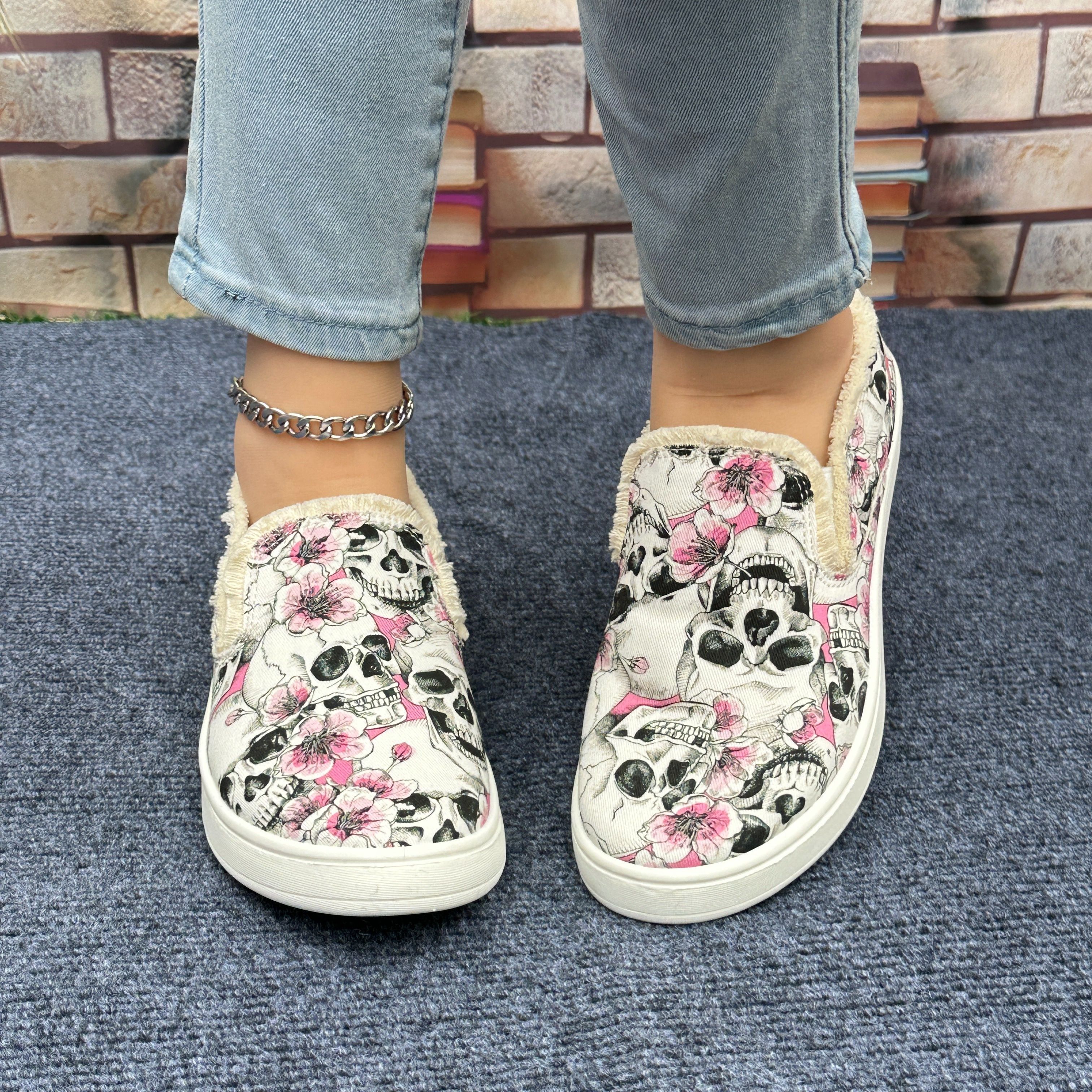 womens flower skull print canvas shoes casual slip on outdoor shoes lightweight low top shoes details 2