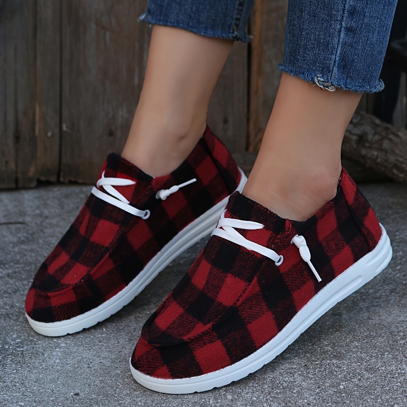 womens plaid canvas shoes lace up low top round toe flat casual shoes womens walking sneakers details 0