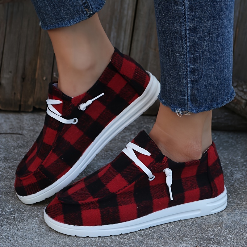 womens plaid canvas shoes lace up low top round toe flat casual shoes womens walking sneakers details 3