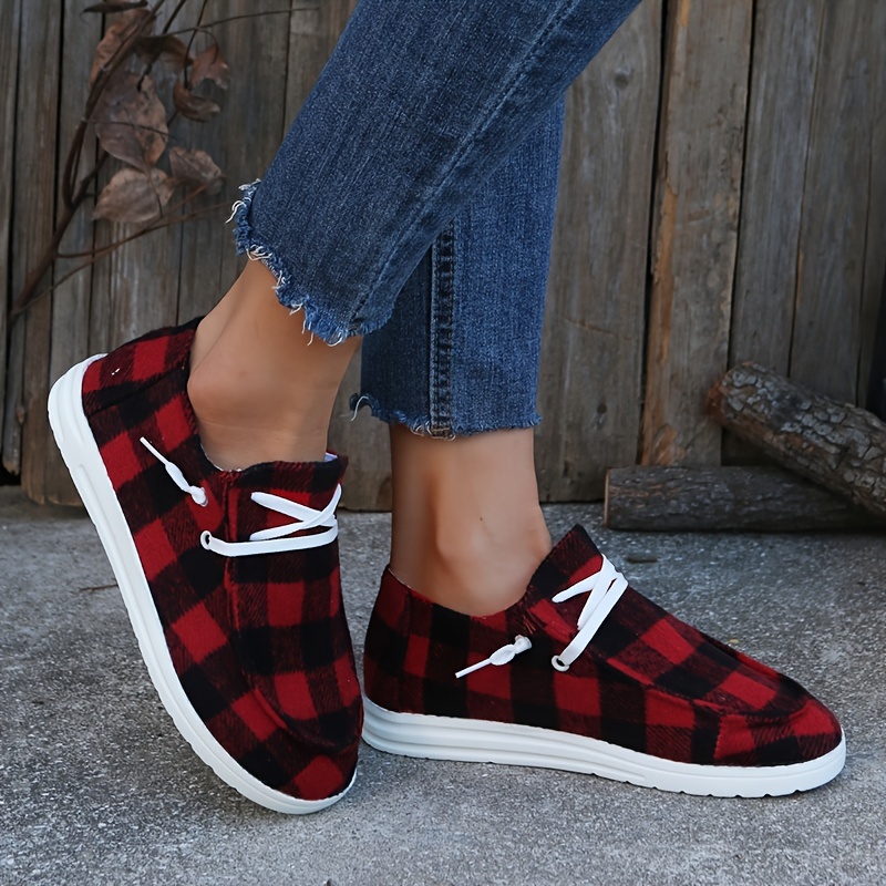 womens plaid canvas shoes lace up low top round toe flat casual shoes womens walking sneakers details 6