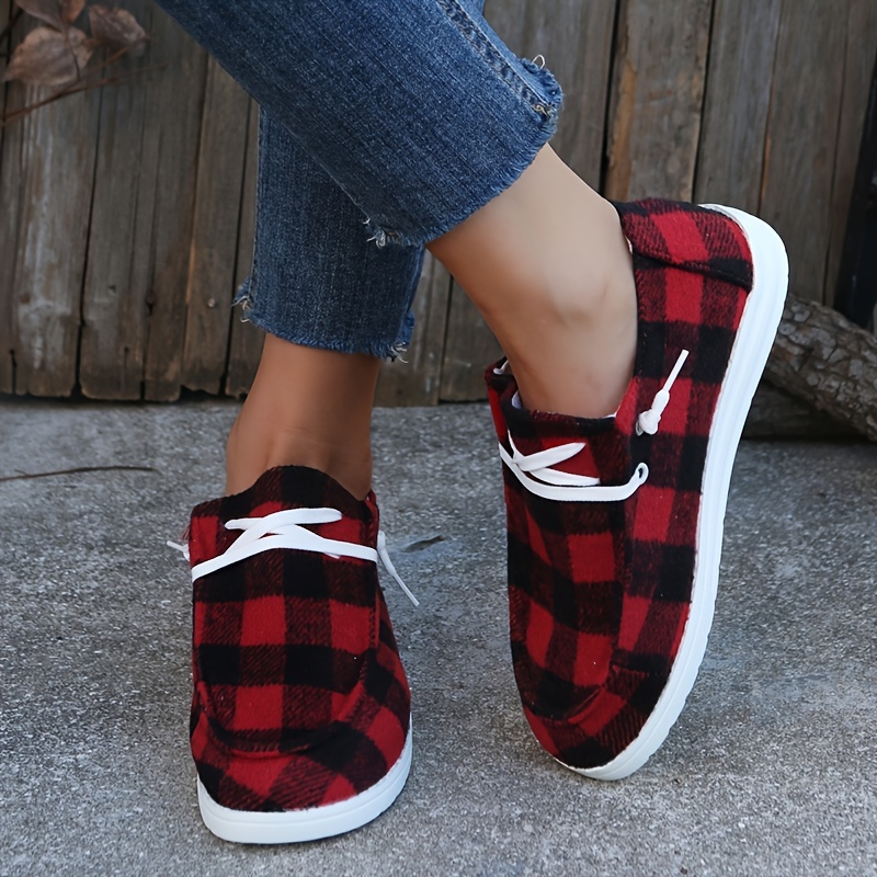womens plaid canvas shoes lace up low top round toe flat casual shoes womens walking sneakers details 7