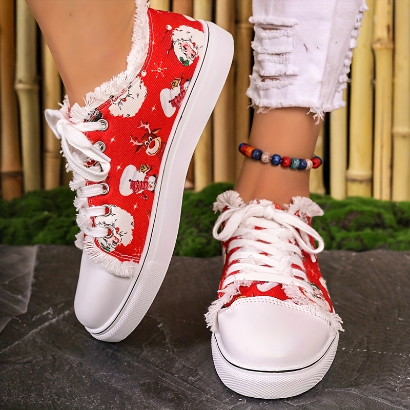 womens christmas print canvas shoes casual lace up outdoor shoes lightweight low top sneakers details 3